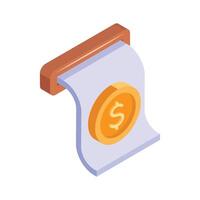 Isometric icon of a receipt with a dollar coin, representing financial transactions vector