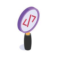 A magnifying glass with code symbols, denoting code search isometric icon vector