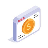 Isometric illustration of a webpage with a dollar coin symbol representing online finance. vector