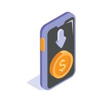 Isometric icon of a smartphone with a dollar coin symbol, indicating mobile payment vector