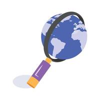 A magnifying glass over the globe, symbolizing isometric icon of global search and exploration vector