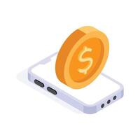 Dollar coin on mobile denoting concept icon of mobile payment, mobile banking, digital banking isometric vector