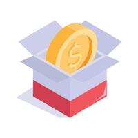 An open box with a coin inside, symbolizing savings or financial storage. vector