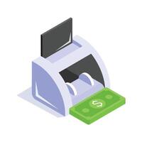 Isometric icon of a money counting machine processing and verifying currency bills accurately vector