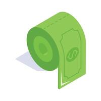 Isometric green roll resembling money with a dollar symbol on it vector