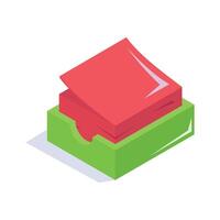 A vibrant, isometric icon featuring a red book on a green stack vector