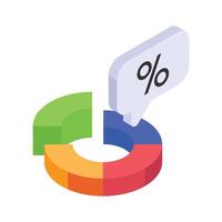 Well designed isometric pie chart with a speech bubble displaying a percentage sign. vector