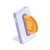 A mobile phone with a Bitcoin coin symbolizing cryptocurrency transactions via smartphones vector