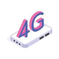 A mobile device with 4G text, showing 4G connectivity Isometric icon vector