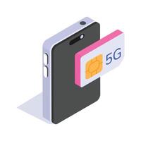 A mobile device with a 5G sim card, showing 5G connectivity Isometric icon vector