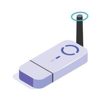 An isometric icon of a modern Wi-Fi router with a prominent antenna for strong signal vector