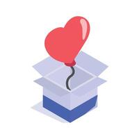 A heart shaped balloon emerging from an open box, symbolizing love and surprises vector