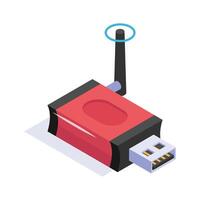 Isometric icon of a usb wifi adapter with an antenna vector
