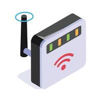 An isometric icon of a modern Wi-Fi router with a prominent antenna for strong signal vector