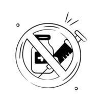 An icon depicting a ban on injections, symbolizing prohibition or restriction of syringe use. vector