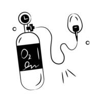 an oxygen tank connected to a breathing mask, doodle icon of oxygen cylinder. vector