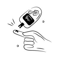 Glucometer with a finger prick, depicting the concept icon of a blood sugar test. vector