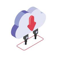 Cloud with down arrow, cloud downloading isometric icon, cloud transfer vector