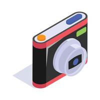 Photo camera with lens and button showing concept icon of photography in trendy isometric style vector