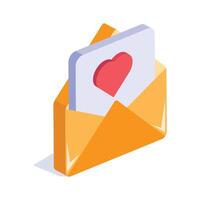 Heart symbol on page inside envelope denoting concept icon of greetings card, love letter isometric icon vector