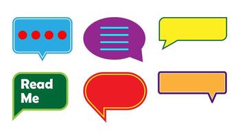 Six speech bubbles in various colors and shapes with text and symbols. Flat illustration design vector