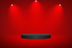 Red studio room background. Red background 3d with black podium. Empty room with light effect. Space for selling products on the website. Round stage for showcase. illustration vector