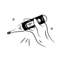A hand holding a digital thermometer displaying a temperature of 41. Hand drawn icon of digital thermometer vector