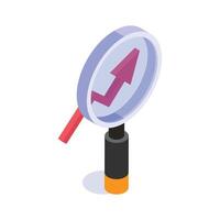 Isometric icon of a magnifying glass focusing on an upward trend arrow. vector