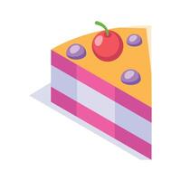 Cake slice with cherry topping icon design, modern isometric vector