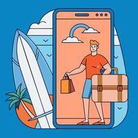 Mobile and Boy with bag Illustrator. Boy with Surfboard, bag and mobile with coconut tree and rainbow Illustration vector