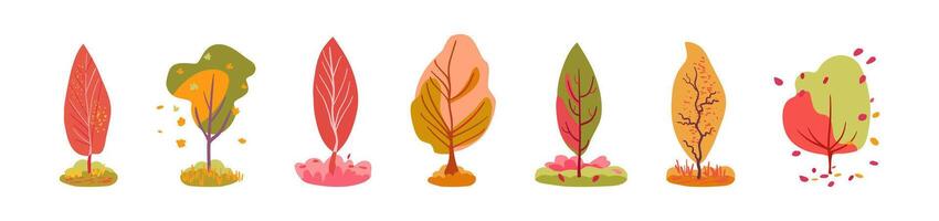 Botanical autumn set of green and red trees. Orange vegetation Isolated white background vector