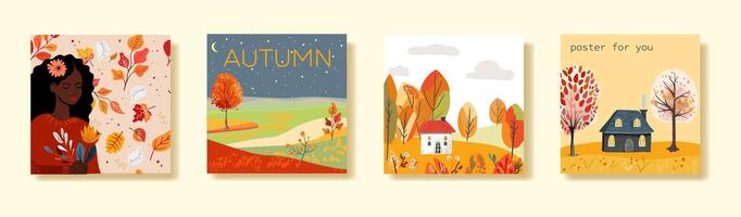 Set of square posters with autumn cards. vector