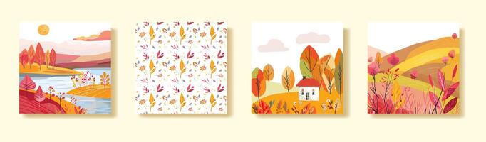 Set of square posters with autumn cards. Hamd drawn vectoor vector
