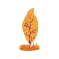 Hand drawn yellow tree with autumn texture and orange tones. Simple design with grass. Flat Icon. vector