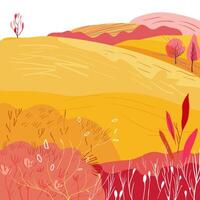Autumn hills with red bushes and flowers in folk style. Harvest time. vector
