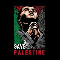 illustration of a child praying that the war will end soon with the Palestinian flag as a background, t-shirt design vector