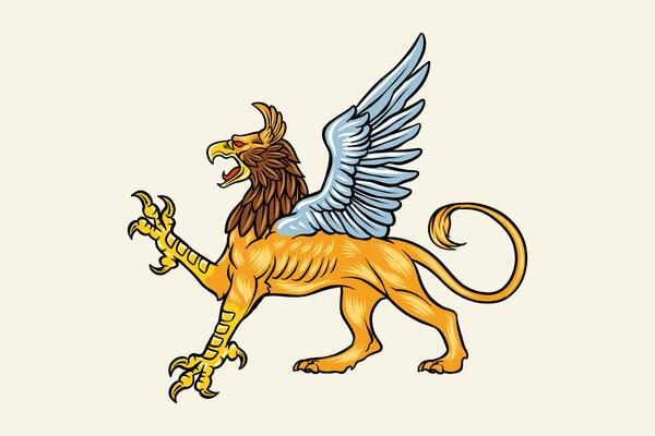 Colorful illustration of a Griffin in vintage style, with sharp claws