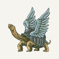 illustration of a colored turtle with wings using engraving technique vector