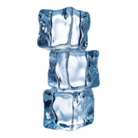 Detailed close-up of three crystal-clear ice cubes stacked in a vertical arrangement cut out on transparent background png