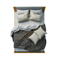 Cozy and Comfortable Bed with Fluffy Pillows and Soft Blanket, Top View cut out on transparent background png
