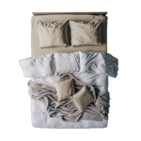 Top view of an unmade bed with beige and white pillows, wrinkled sheets, and a cozy knitted blanket cut out on transparent background png