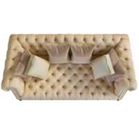 Luxurious beige tufted sofa with elegant cushions, top view cut out on transparent background png