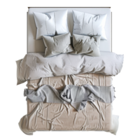 Luxurious modern bed with crumpled sheets and pillows in a cozy bedroom setting, top view cut out on transparent background png