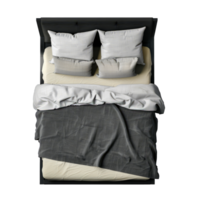 Top view of modern bed with crumpled bedding and pillows in gray tones cut out on transparent background png