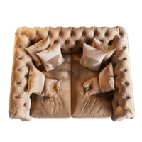 Luxurious beige tufted sofa with stylish decorative pillows, top view cut out on transparent background png