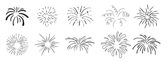 Set fireworks doodle line explosion radial sparkler with rays, hand drawn firecrackers simple and round decoration isolated on white background. vector