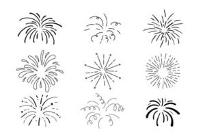 Fireworks and rocket, salute with burst, light and festive explosions in doodle style. Hand drawn sparks, firecracker on white background. Party, celebrations, event. vector