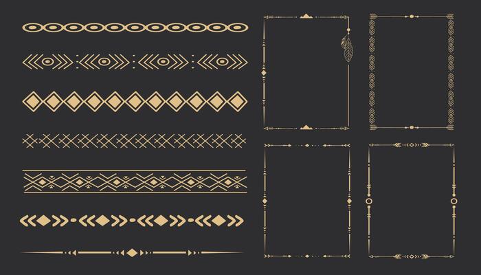 Gold frame set with tribal native indian arrow, ornament. Border thin line divider decoration with feather, simple motif.