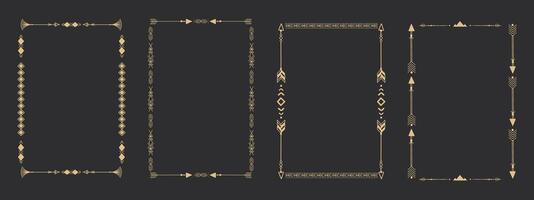 Gold frame set with tribal native indian arrow, ornament. Border thin line divider decoration with feather, simple motif. vector