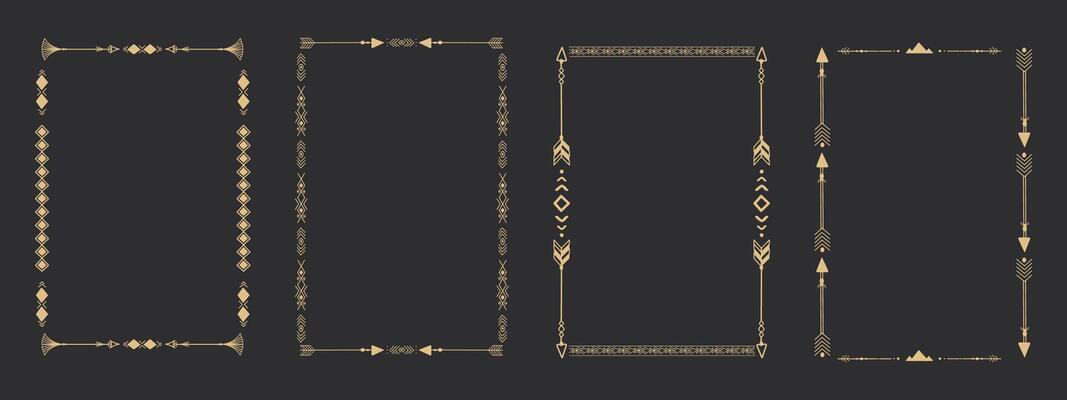 Gold frame set with tribal native indian arrow, ornament. Border thin line divider decoration with feather, simple motif.